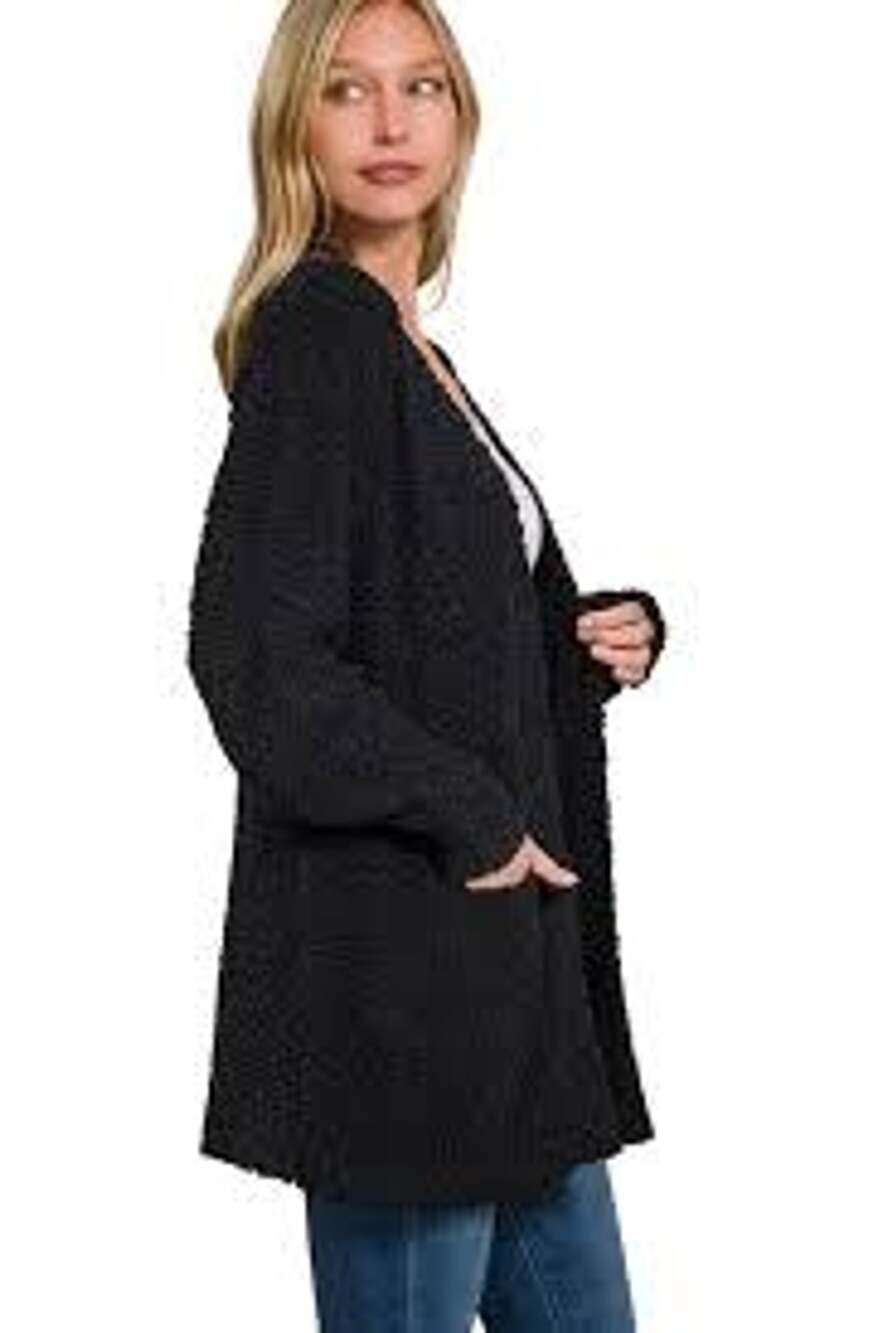Zenana Popcorn Cardigan Size M Dark Navy Open Front Pockets